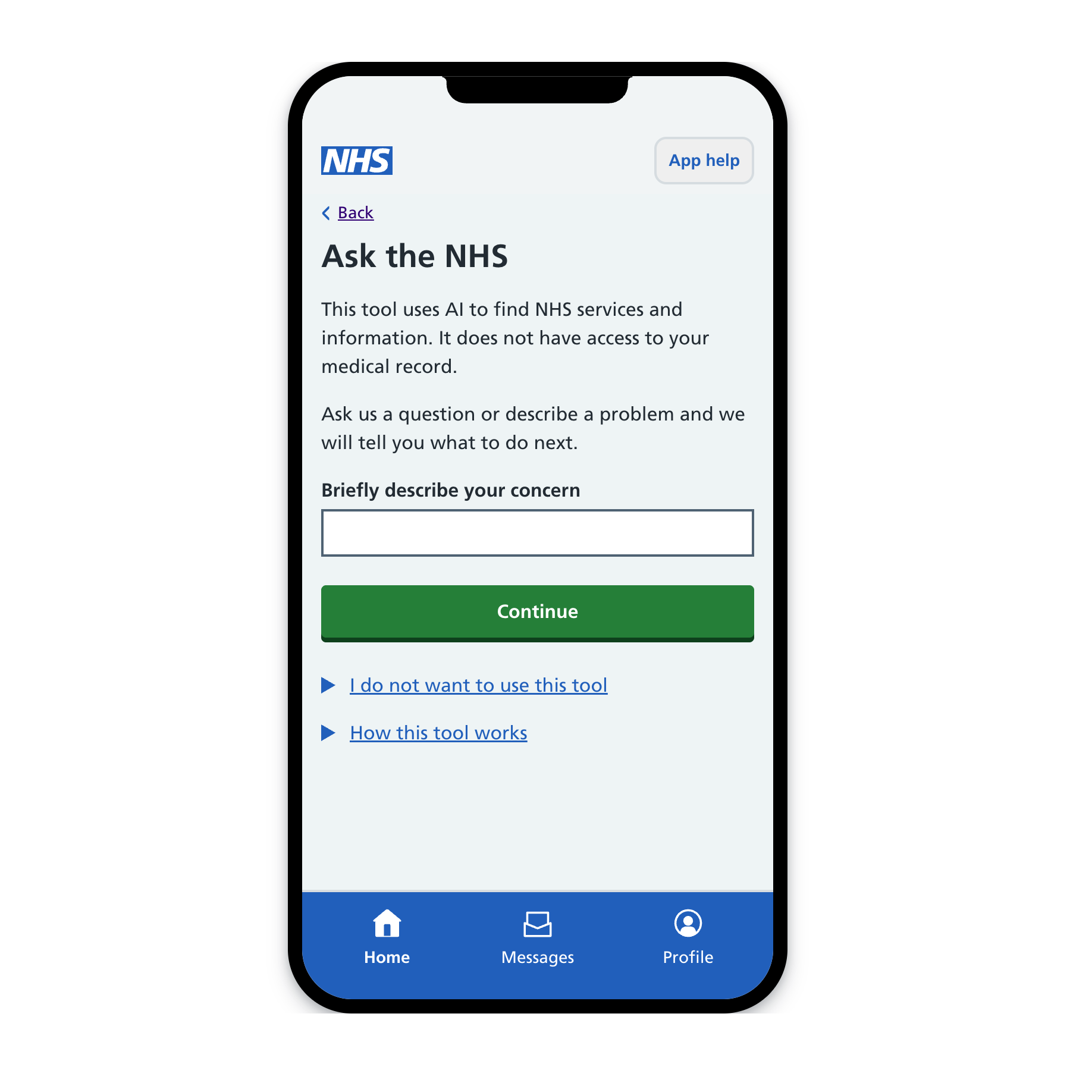 Ask the NHS prototype in an NHS App phone frame, with an explanation of AI use, a concern text field, a Continue button and an option not to use the tool.